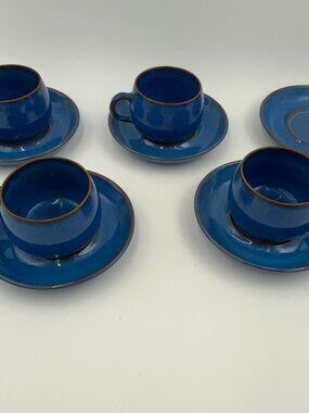 Set of 4 Denby Rams Head English Blue Stoneware Cups & Saucers 1 Extra Saucer